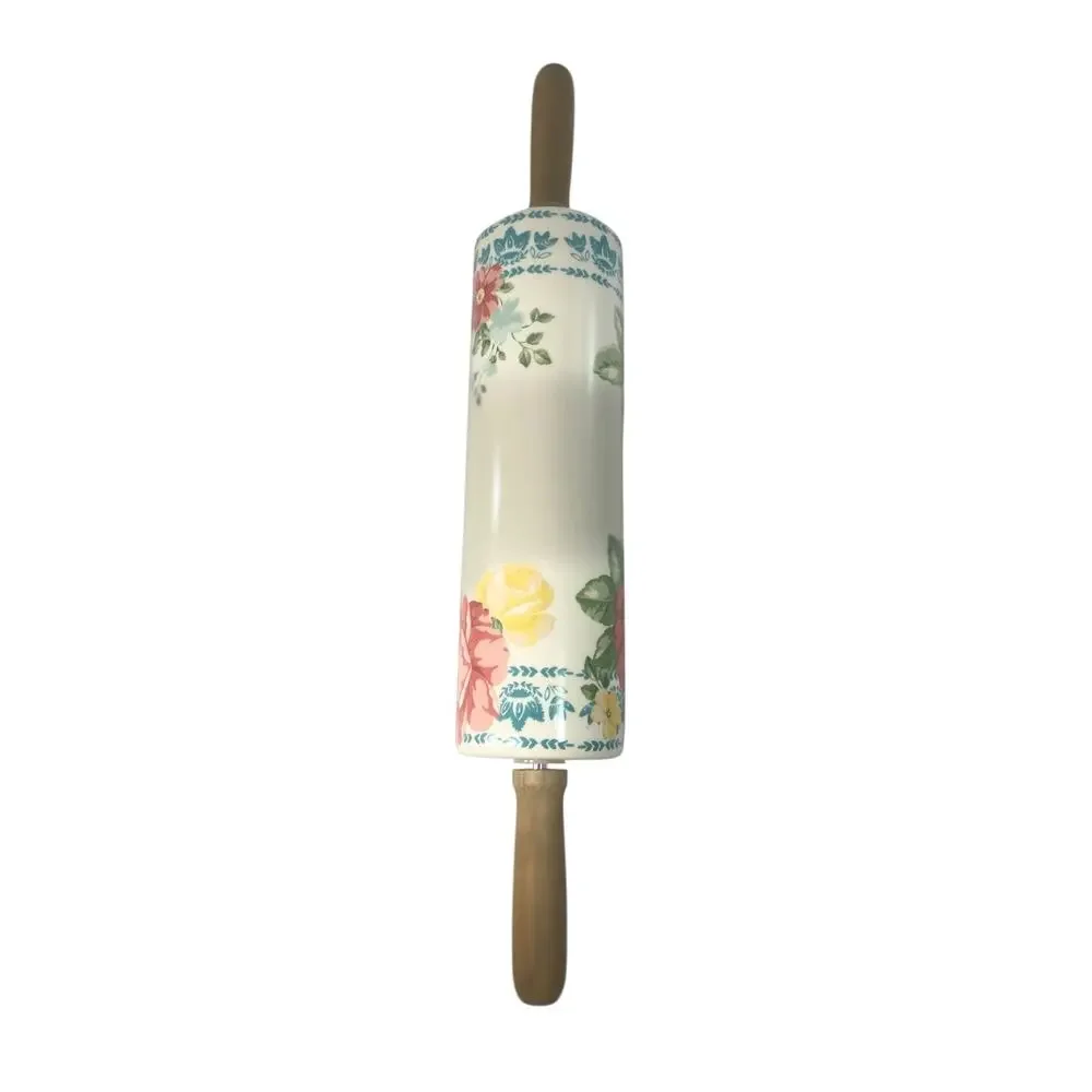 Pioneer Woman Vintage Floral Ceramic Rolling Pin Wood Handles Retired Coquette